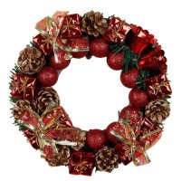 Венок новогодний, 22 см, красные шарики, колокольчики, подарки / Венки, ветки, гирлянды еловые