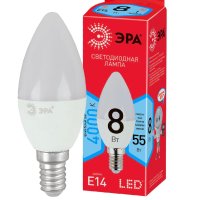 Лампа светодиодная ЭРА LED, 8Вт, E14, свеча, матовая, дневной свет / Светодиодные лампы Е14