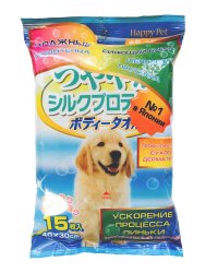 Шампуневые полотенца для экспресс-купания без воды, с шелковым протеином и экстрактом меда, для крупных собак, 15 шт., Happy Pet / Аксессуары