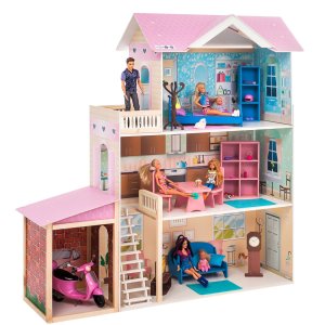 Деревянный кукольный домик "Розали Гранд", с мебелью 11 предметов в наборе и с гаражом, для кукол 30 см