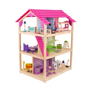 Деревянный кукольный домик "Самый роскошный", открытый на 360°, на колесиках, с мебелью 46 предметов в наборе, для кукол 30 см