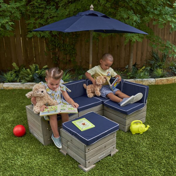 Набор садовой мебели для детей (секционный диван, пуф-стол, зонт), серо-синий