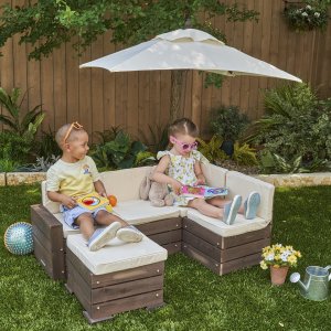 Набор садовой мебели для детей (секционный диван, пуф-стол, зонт), бежево-коричневый