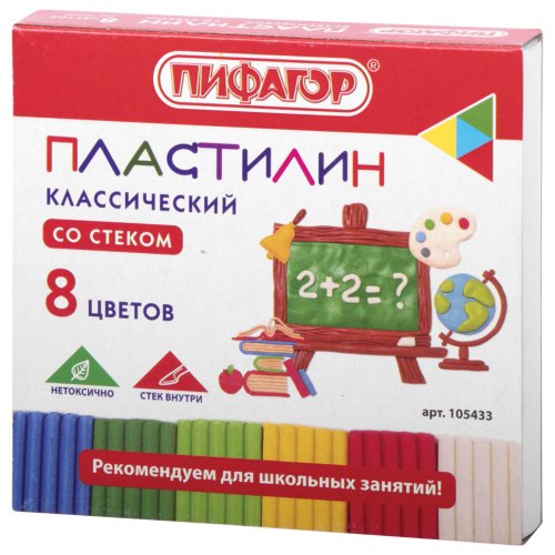 Пластилин классический Пифагор Школьный 8 цветов 120 г со стеком 105433 (20)