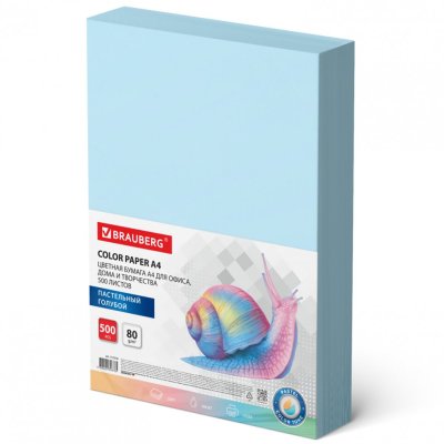 Бумага цветная BRAUBERG А4 80 г/м2 500 л пастель голубая для офисной техники 115218 (1)