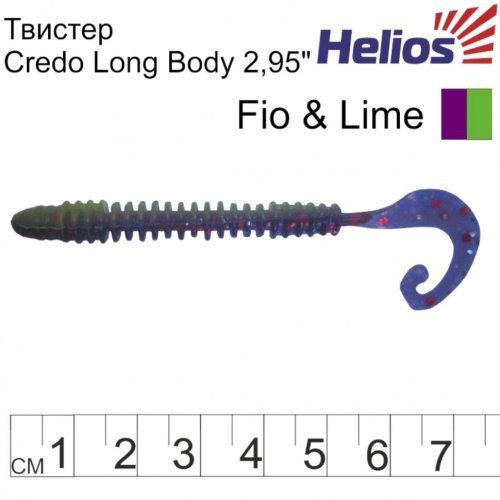 Твистер Helios Credo Long Body 2,95"/7,5 см, цвет Fio & Lime 12 шт HS-9-014