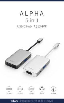 Адаптер Wiwu Alpha USB-C 5 в 1 на USB 3.0/PD/Stereo/HDMI/VGA (A513HVP) (Silver) Адаптеры и переходники / Электроника | V4.Market