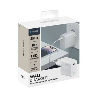 Сетевое зарядное устройство Deppa Wall charger (11428) 25W 3.0А Type-C (белый) Сетевые зарядные устройства / Электроника | V4.Market