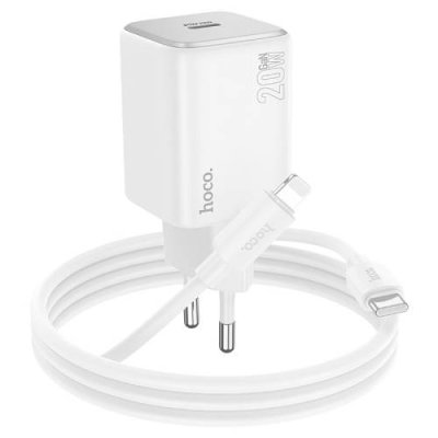 Сетевое зарядное устройство Hoco (N40) Mighty Single port Type-C/PD20W+QC3.0 charger (EU) + кабель Lightning (белый) Сетевые зарядные устройства / Электроника | V4.Market