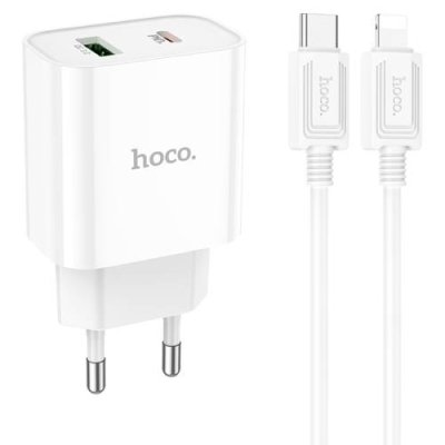 Сетевое зарядное устройство Hoco (C80A Plus) Rapido Type-C/USB/PD20W/QC3.0 + кабель Lightning (белый) Сетевые зарядные устройства / Электроника | V4.Market