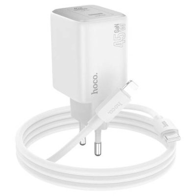 Сетевое зарядное устройство Hoco (N42) Elogiado 2xType-C/PD 45W charger (EU) + кабель Lightning (белый) Сетевые зарядные устройства / Электроника | V4.Market