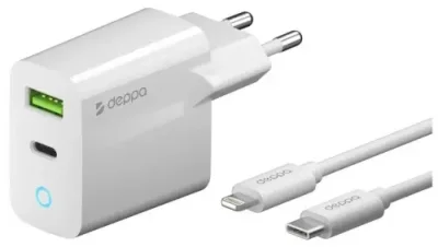 Сетевое зарядное устройство Deppa (11396) Wall charger 20W 3.0А USB/Type-C+ кабель Type-C/Lightning (белый) / Сетевые зарядные устройства | Электроника | V4.Ru: Маркетплейс