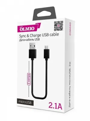 Кабель Olmio 2.1A (USB) на (Micro-USB) 200см силиконовый (черный) Кабели / Электроника | V4.Market