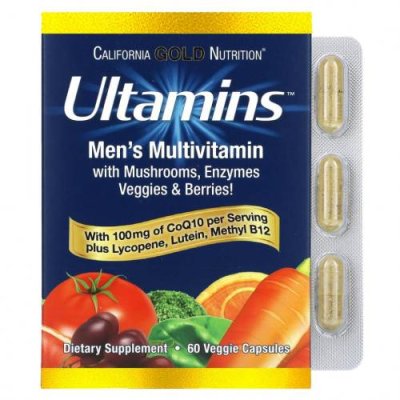 California Gold Nutrition, Ultamins, мультивитаминный комплекс для мужчин, с коэнзимом Q10, грибами, ферментами, овощами и ягодами, 60 растительных капсул / Мужские мультивитамины | Аптека | V4.Ru: Маркетплейс