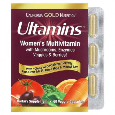 California Gold Nutrition, Ultamins, мультивитаминный комплекс для женщин с коэнзимом Q10, грибами, ферментами, овощами и ягодами, 60 растительных капсул / Женские мультивитамины | Аптека | V4.Ru: Маркетплейс