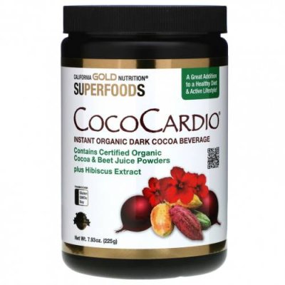 California Gold Nutrition, CocoCardio, сертифицированный напиток из органического растворимого темного какао с соком свеклы и гибискусом, 225 г (7,93 унции) / Смеси зелени и суперфудов | Аптека | V4.Ru: Маркетплейс