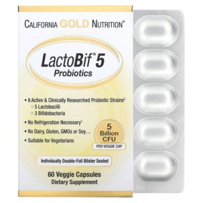 California Gold Nutrition, LactoBif, пробиотики, 5 млрд КОЕ, 60 растительных капсул / Препараты для ЖКТ | Аптека | V4.Ru: Маркетплейс