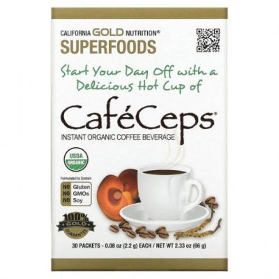 California Gold Nutrition, SUPERFOODS, Caf?Ceps, органический растворимый кофе с кордицепсом и рейши, 30 пакетиков по 2,2 г (0,08 унции) / Кофе ганодерма | Аптека | V4.Ru: Маркетплейс