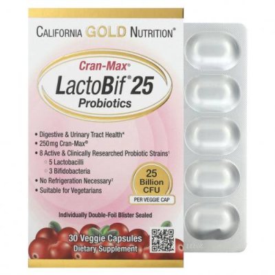 California Gold Nutrition, Lactobif, Cran-Max, пробиотики, 25 млрд КОЕ, 30 растительных капсул / Пробиотики | Аптека | V4.Ru: Маркетплейс