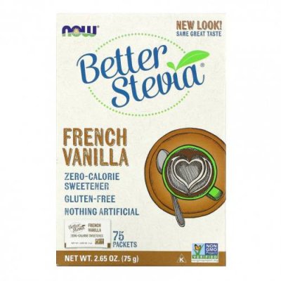 NOW Foods, стевия BetterStevia, сахарозаменитель с нулевой калорийностью, французская ваниль, 75 пакетиков по 1 г в каждом / Стевия | Аптека | V4.Ru: Маркетплейс