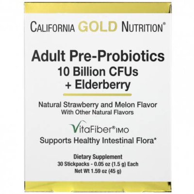 California Gold Nutrition, пребиотики и пробиотики для взрослых, 10 млрд. КОЕ + бузина, натуральный клубнично-дынный вкус, 30 пакетиков по 1,5 г (0,05 унции) / Пребиотики | Аптека | V4.Ru: Маркетплейс