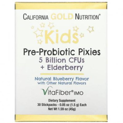 California Gold Nutrition, Pixies, пребиотики и пробиотики для детей, 5 млрд. КОЕ, с добавлением бузины, с натуральным вкусом голубики, 30 пакетиков по 1,5 г (0,05 унции) / Пробиотики для детей | Аптека | V4.Ru: Маркетплейс