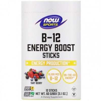 NOW Foods, Sports, B-12 Energy Boost, батончики, ягодный вкус, 10 000 мкг, 12 шт., 60 г (2,1 унции) / B12 | Аптека | V4.Ru: Маркетплейс