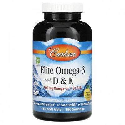 Carlson Labs, Elite Omega-3 с витаминами D и K, натуральный вкус лимона, 180 мягких таблеток / Витамин D | Аптека | V4.Ru: Маркетплейс