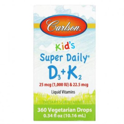 Carlson Labs, Super Daily D3+K2 для детей, 25 мкг (1000 МЕ) и 22,5 мкг, 10,16 мл (0,34 жидк. унции) / Витамин D для детей | Аптека | V4.Ru: Маркетплейс