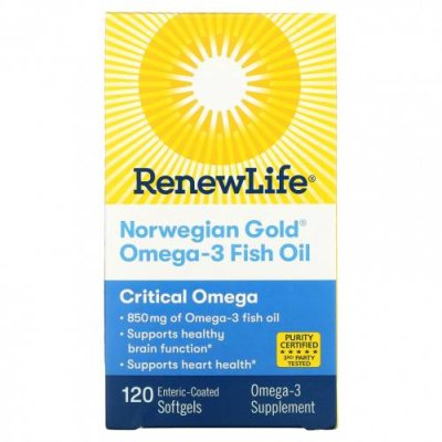 Renew Life, Рыбий жир с омега-3 Norwegian Gold, 850 мг, 120 капсул с кишечнорастворимой оболочкой / Рыбий жир омега-3 | Аптека | V4.Ru: Маркетплейс