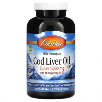 Carlson Labs, Cod Liver Oil Gems, капсулы из жира печени дикой норвежской трески, высшего качества, 1000 мг, 250 капсул / Масло печени трески | Аптека | V4.Ru: Маркетплейс