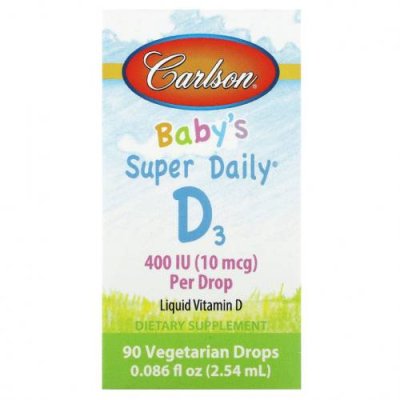 Carlson, Baby's Super Daily D3, 10 мкг (400 МЕ), 90 вегетарианских капель, 2,54 мл (0,086 жидк. Унции) / Витамин D для детей | Аптека | V4.Ru: Маркетплейс