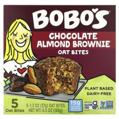 Bobo's Oat Bars, Овсяные кусочки с шоколадом и миндалем, 5 кусочков по 37 г (1,3 унции) / Батончики для перекуса | Аптека | V4.Ru: Маркетплейс