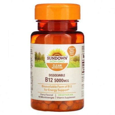 Sundown Naturals, Dissovable B12, вишня, 5000 мкг, 90 микролозиц / B12 | Аптека | V4.Ru: Маркетплейс