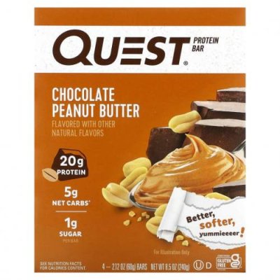 Quest Nutrition, Protein Bar, шоколадно-арахисовая паста, 4 батончика, 60 г (2,12 унции) / Молочные белковые батончики | Аптека | V4.Ru: Маркетплейс