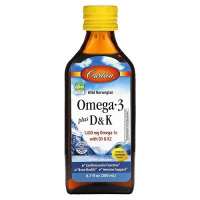 Carlson, Omega 3 Plus D & K, натуральный лимон, 1430 мг, 200 мл (6,7 жидк. Унции) / Рыбий жир омега-3 | Аптека | V4.Ru: Маркетплейс