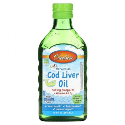 Carlson, Kids Cod Liver Oil, Natural Green Apple , 550 mg, 8.4 fl oz (250 ml) / ДГК и омега для детей | Аптека | V4.Ru: Маркетплейс