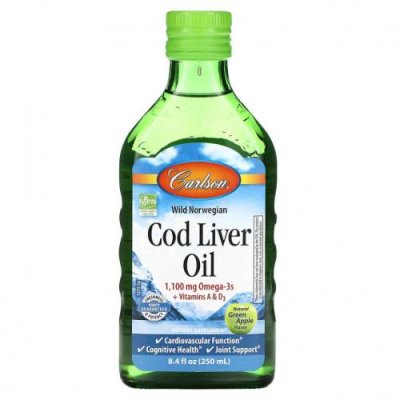 Carlson, Cod Liver Oil, Natural Green Apple , 1,100 mg, 8.4 fl oz (250 ml) / Масло печени трески | Аптека | V4.Ru: Маркетплейс