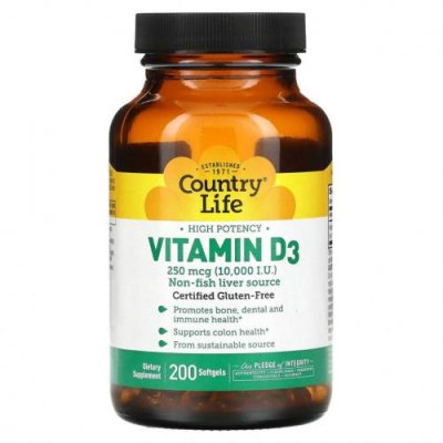 Country Life, Vitamin D3, High Potency, 250 mcg (10,000 IU), 200 Softgels / D3 (холекальциферол) | Аптека | V4.Ru: Маркетплейс