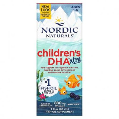 Nordic Naturals, Children's DHA Xtra, для детей возрастом 1–6 лет, вкус ягодного пунша, 880 мг, 60 мл (2 жидк. унции) / ДГК и омега для детей | Аптека | V4.Ru: Маркетплейс