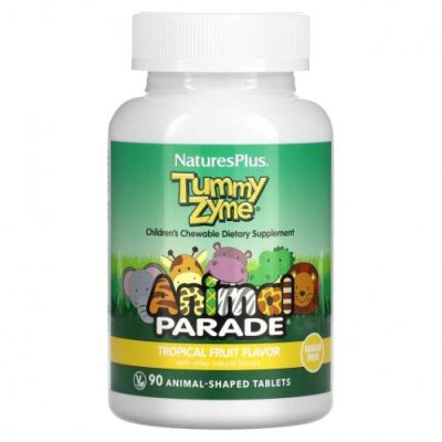 NaturesPlus, Source of Life, Animal Parade, Tummy Zyme с активными ферментами, цельными продуктами и пробиотиками, натуральный вкус тропических фруктов, 90 таблеток в форме животных / Пробиотики для детей | Аптека | V4.Ru: Маркетплейс