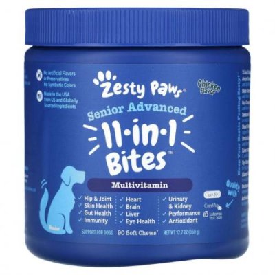 Zesty Paws, Advanced 11 in 1 Multifunctional Bites, улучшенная формула для взрослых собак, со вкусом курицы, 90 жевательных таблеток / Витамины и минералы для питомцев | Аптека | V4.Ru: Маркетплейс