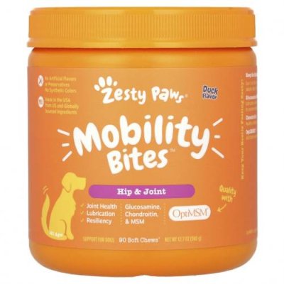 Zesty Paws, Укусы для передвижения для собак, бедра и суставы, для всех возрастов, со вкусом утки, 90 мягких жевательных кусочков, 12,7 унции (360 г) / Витамины и минералы для питомцев | Аптека | V4.Ru: Маркетплейс