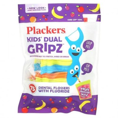 Plackers, Kid's Dual Gripz, детские зубочистки с нитью, с фтором, фруктовый смузи, 75 шт. / Комплекты и аксессуары для ухода за полостью рта | Аптека | V4.Ru: Маркетплейс