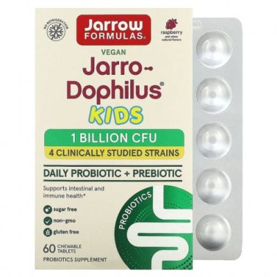 Jarrow Formulas, Jarro-Dophilus Kids, пробиотик + пребиотик, без сахара, натуральный малиновый вкус, 1 миллиард живых бактерий, 60 жевательных таблеток / Пробиотики для детей | Аптека | V4.Ru: Маркетплейс