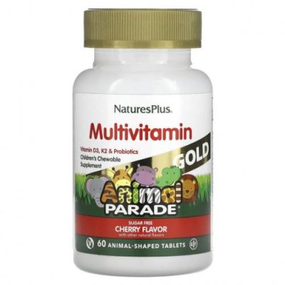 NaturesPlus, Source of Life, Animal Parade Gold, жевательные мультивитамины с микроэлементами для детей, со вкусом вишни, 60 таблеток в форме животных / Детские мультивитамины | Аптека | V4.Ru: Маркетплейс