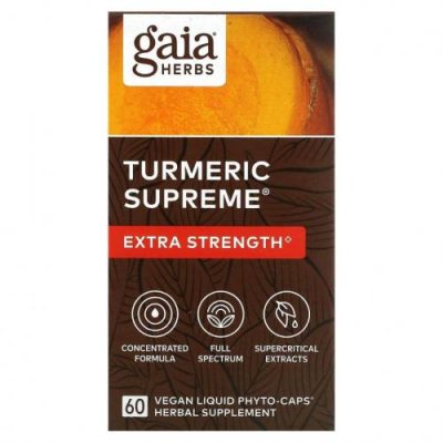 Gaia Herbs, Turmeric Supreme, Extra Strength, куркума, 60 растительных фито-капсул с жидкостью / Куркума и куркумин | Аптека | V4.Ru: Маркетплейс