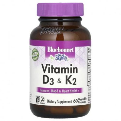 Bluebonnet Nutrition, витамины D3 и K2, 60 вегетарианских капсул / D3 (холекальциферол) | Аптека | V4.Ru: Маркетплейс