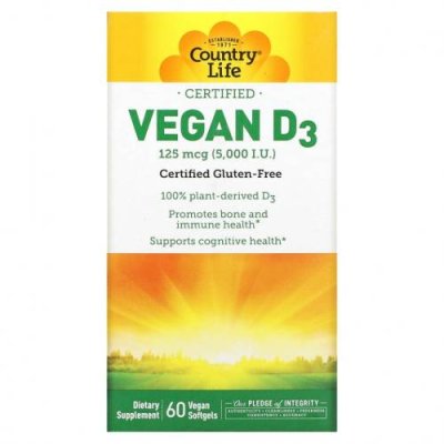 Country Life, Vegan D3, 125 mcg (5,000 IU), 60 Vegan Softgels / D3 (холекальциферол) | Аптека | V4.Ru: Маркетплейс