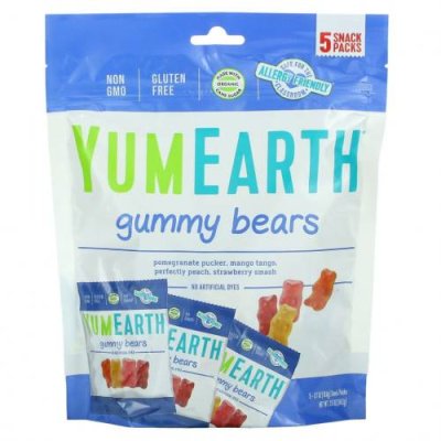 YumEarth, Жевательные мишки, вкусы в ассортименте, 5 упаковок снеков, вес каждой 19,8 г (0,7 унции) / Леденцы | Аптека | V4.Ru: Маркетплейс